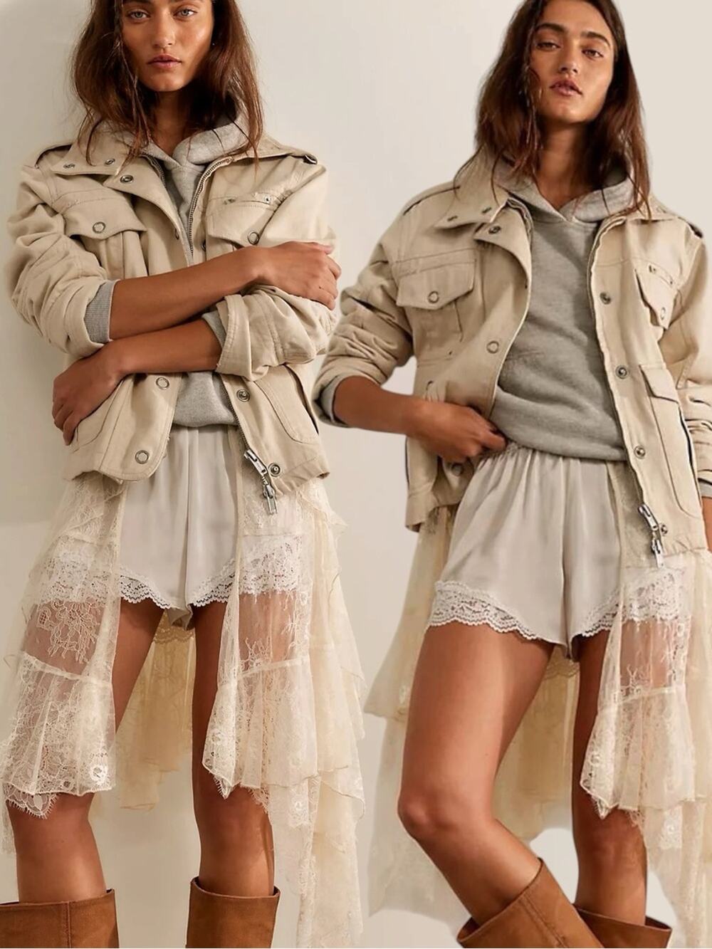 Free People Bohemian Kali Washed Utility Military Canvas Jacket Neutral Medium